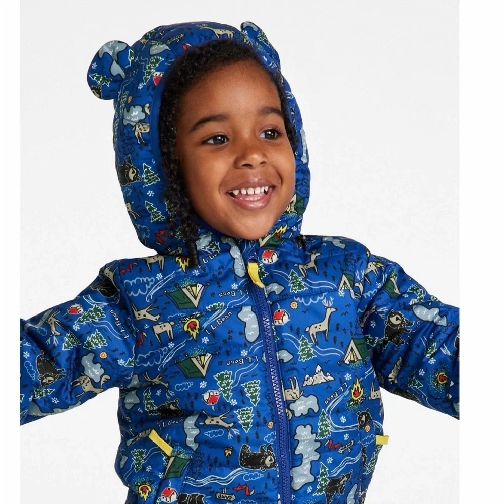 L.L. Bean Kids Down Jacket – Blue Campsite, Fleece-Lined (Size 12-18 months)
